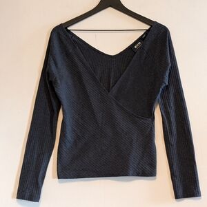 Maeve Anthropologie Ribbed Wrap Top Gray Long Sleeve Stretch Layering Capsule